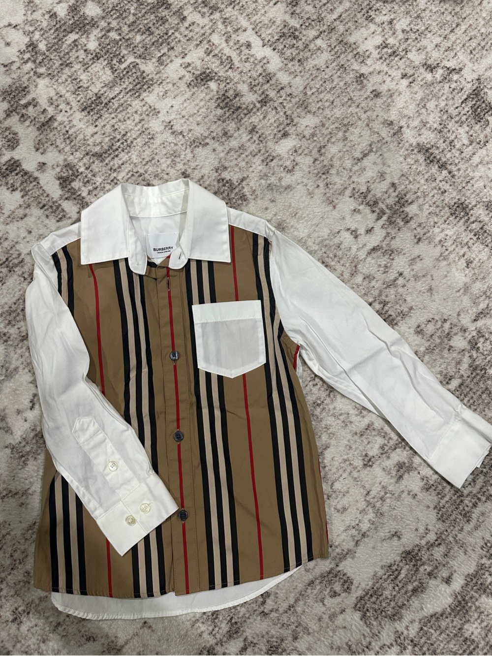 Burberry Tan Striped Button-Down Shirt with White Sleeves - boys 4Y